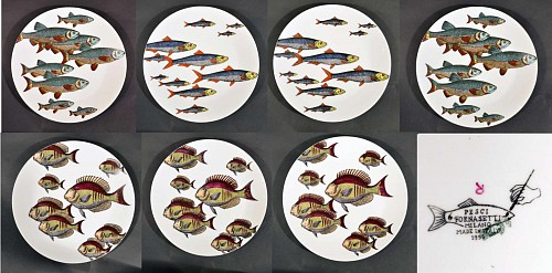 Inventory: A Rare Set of Seven Piero Fornasetti Pesci( Fish) Pattern Plates, 1960-1970's., SOLD •