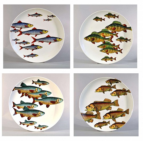 Inventory:  Piero Fornasetti, Rare Piero Fornasetti Pottery Fish Plates,  Passata de pesce (Passage of Fish) or Pesci. Set of Four, Circa 1960, SOLD •