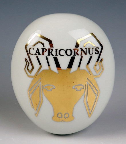 Inventory:  Piero Fornasetti, Piero Fornasetti Ceramic Pebble Capricorn Zodiac Paperweight, 1960, $795