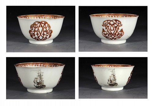 Chinese Export Porcelain Chinese Export Porcelain Armorial Tea Bowl with Two Different Gold Cyphers and Ship-decorations, 1770 SOLD •