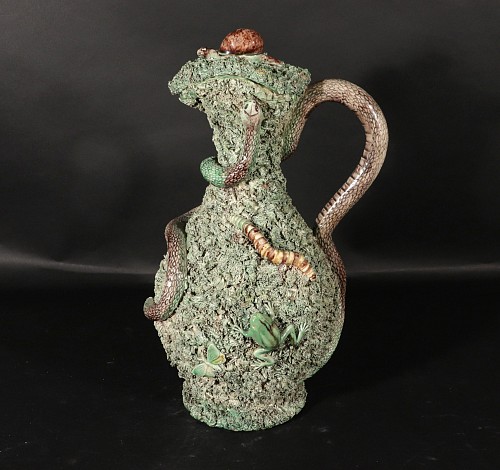 Inventory:  Majolica, Portuguese Majolica Large Palissy Covered Jug, 1880, $2,500