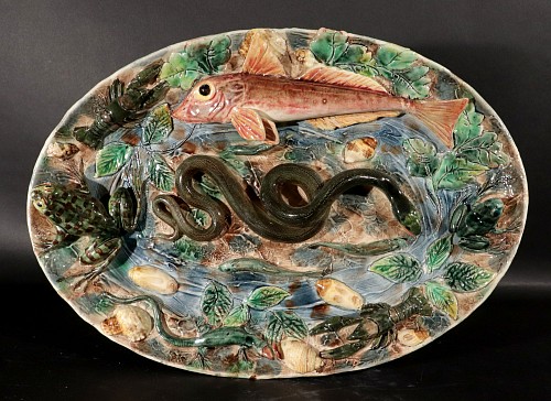Inventory:  Majolica, French Majolica Palissy Dish, Longchamp, 1880, $3,750