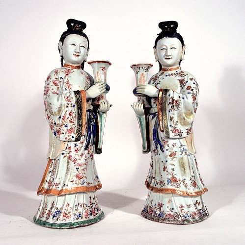 Chinese Export Porcelain 18th.Century Chinese Export Porcelain Pair of Court Maiden Candlesticks, 1760-75