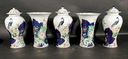 Inventory:  Chinese Export Porcelain, Vintage Tobacco Leaf Porcelain Garniture of Five Vases, 1960s, $7,500