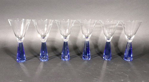 Inventory:  Vintage, Vintage Post-Modern Translucent Blue Base Martini Glasses, 1970s, $750