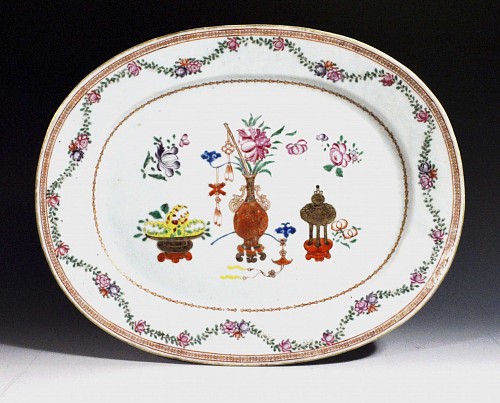 Inventory:  Chinese Export Porcelain, 18th-century Chinese Export Porcelain Famille Rose Oval Dish Painted With Precious Objects, Circa 1760-75, $2,850