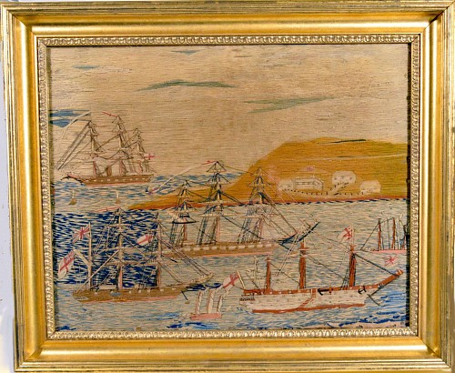 Inventory:  Sailor's Woolwork, English Sailor's Woolwork with Muliple Ships in a Bay, Circa 1875, SOLD •