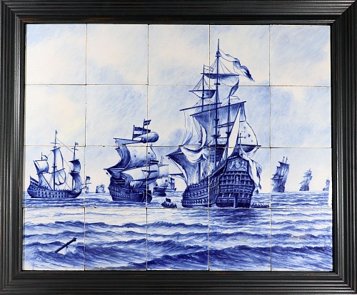 Inventory:  Dutch Delft, Dutch Delft Tile Large Picture of A Fleet of Ships, 19th Century, $4,000