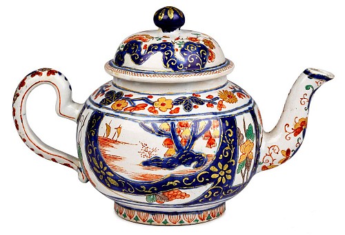 Inventory:  Dutch Delft, 18th-century Dutch Delft Dore Chinoiserie Teapot & Cover, Early 18th Century, $4,500