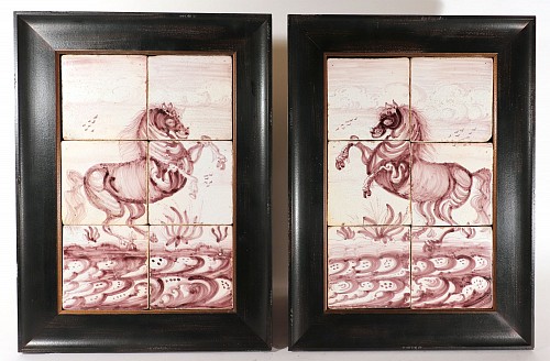 Dutch Delft 18th-century Rotterdam Dutch Delft Tiles Framed Pictures of Rearing Horses, 1780 $4,500