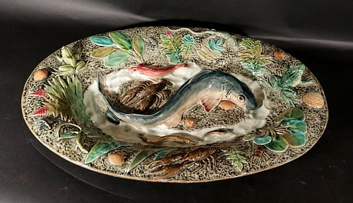Inventory:  Majolica, French Majolica Large Palissy Fish Dish, Longchamp Maker., 1880, $5,500