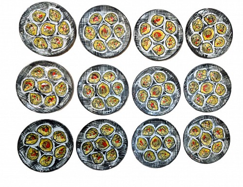 Inventory: MBFA Pornic, Complete Set of Twelve Hand-Painted Mid-century Modern Pottery Oyster Plates, 1960s, $750