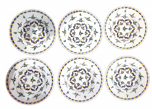 Inventory:  Dutch Delft, 18th-century Dutch Delft Dinner Plates with Plants and Ribbon Design (6), Circa 1765, $3,000