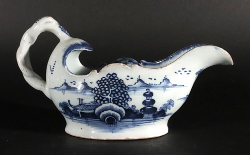 Inventory:  British Delftware, English Delftware Blue & White Sauce Boat, London, 1790, $2,000