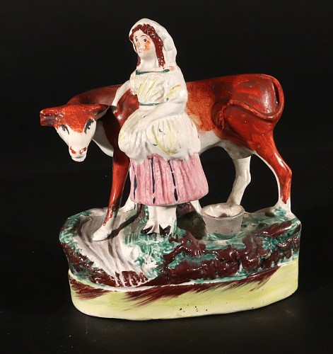 Inventory:  Staffordshire, Staffordshire Pottery Cow Figure with Milkmaid, 1860-80, $485