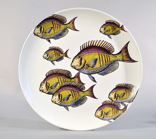 Inventory:  Piero Fornasetti, Rare Piero Fornasetti Pottery Fish Plate,  Passata de pesce (Passage of Fish) or Pesci. #6, Circa 1960, $750