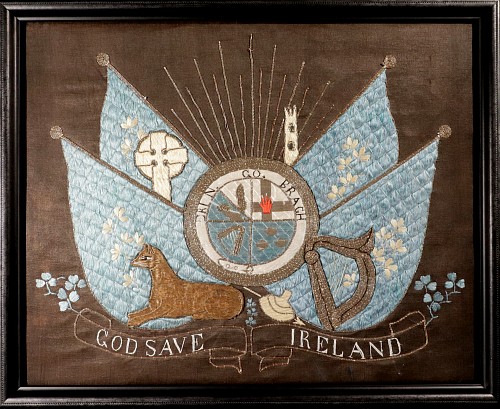 Silkwork Fine Silkwork of Irish Interest-Erin Go Bragh: Patriotic Irish Silkwork Panel, 1860-1890 $2,500