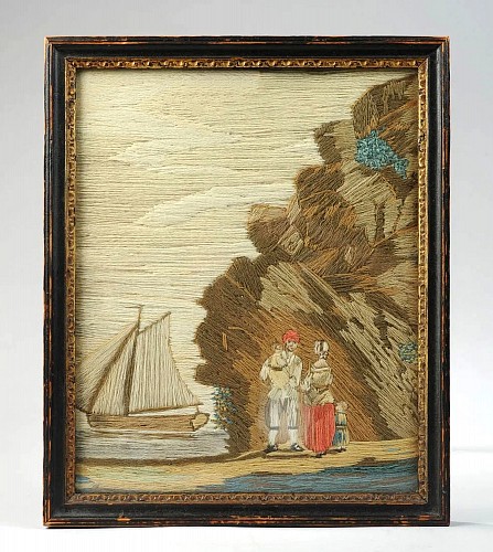 Woolwork British Woolwork of a Man, Wife and Child on the Seashore with Ship in Bay, 1850 $3,500