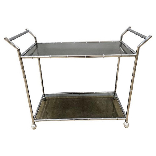 Mid-century Modern Mid-Century Modern Large Faux Bamboo Steel and Smoked Glass Bar Cart, 1970 $2,250