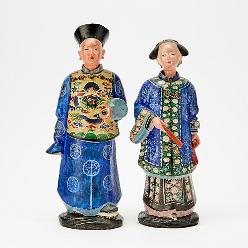 Inventory:  China Trade, China Trade Pair of Polychrome Nodding Head Figures, 1800, SOLD •