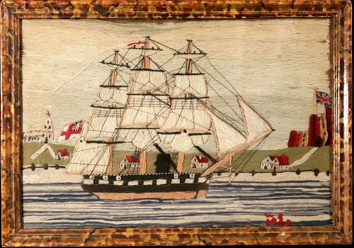Sailor's Woolwork British Sailor's Woolwork of Royal Navy Ship off Land, Signed & Dated WR 1865, 1875 $3,750