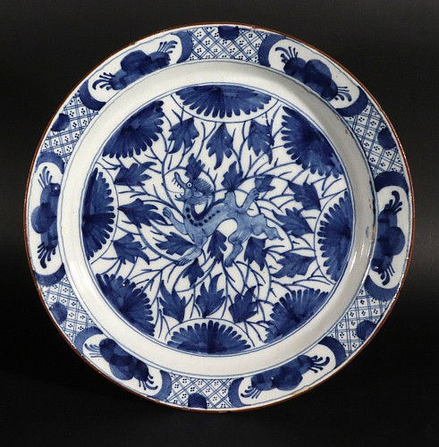 Dutch Delft Dutch Delft Large Dish with Chinoiserie Dragon Design, 1700 $2,000