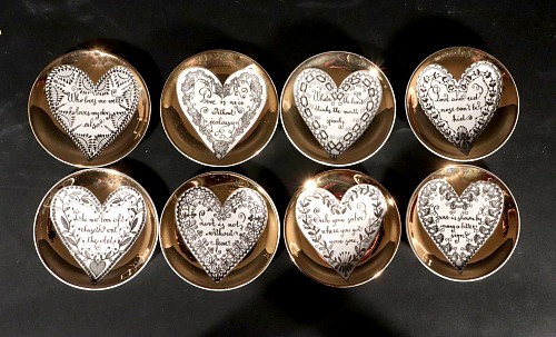 Inventory:  Piero Fornasetti, Piero Fornasetti Ceramic "Love" Coasters, a Complete Set of Eight with Original Red Box, 1950s-60s, $1,250