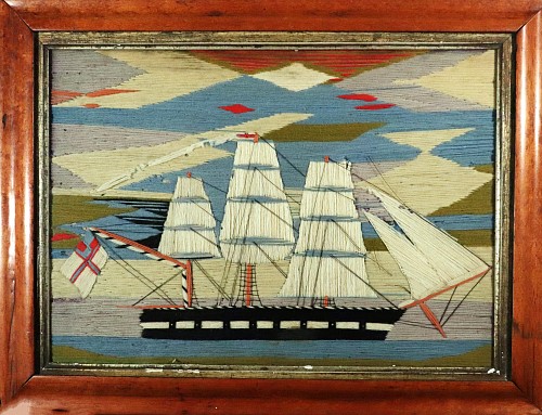 Inventory:  Sailor's Woolwork, British Sailor's Woolwork of Royal Navy Ship with Sunset, 1875, SOLD &bull;