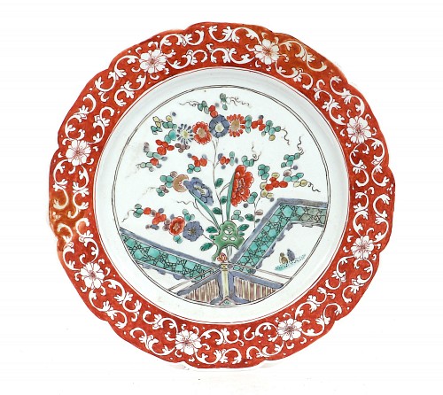 Chinese Export Porcelain Kangxi Chinese Famille Verte Large Porcelain Plate with Coral Border, Circa 1700 SOLD &bull;