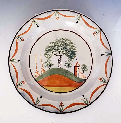 Inventory:  Pearlware, Pastoral Charm: English Prattware Plate with Church and Hill, Circa 1810-20, $500