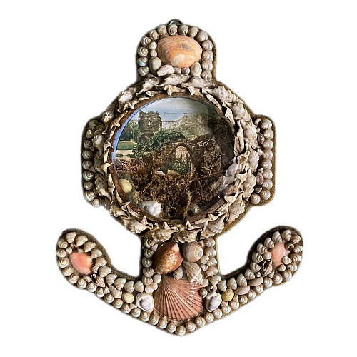 Inventory:  Sailor's Valentine, Anchor-shaped Seashell Valentine Diorama with Architectural Ruins, 1900, $1,500