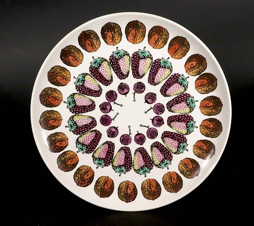 Inventory:  Piero Fornasetti, Piero Fornasetti Ceramic Plate with Giostra Di Frutta Pattern, #4 in Series, 1955-1960, SOLD &bull;