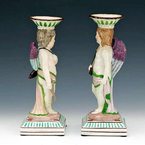 Inventory:  Pearlware, English Pearlware Pair of Putti Figural Candlesticks, Attributed to Neale & Co, Circa 1800, $2,500