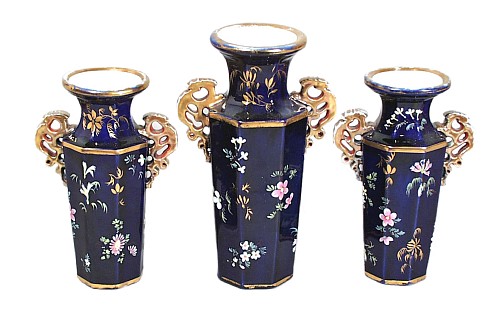 Inventory:  Mason's Ironstone, Mason's Ironstone Mazarine Blue Garniture of Three Vases, Circa 1835, $950