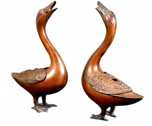 Japanese Porcelain Japanese Bronze Pair of Geese Koro, Late 19th Century $1,500
