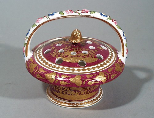 Inventory:  Spode Factory, Spode Porcelain Raspberry Coloured Basket and Cover, Pattern Number 3993, Circa 1820, $1,250