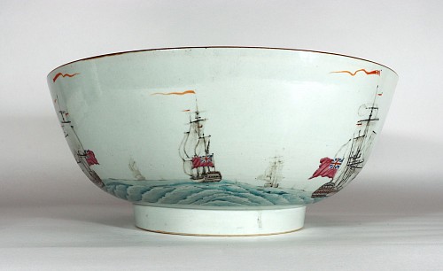 Inventory:  Chinese Export Porcelain, Chinese Export Porcelain Large Punch Bowl Painted with a Marine-subject view of Royal Navy Ships, 1775, SOLD •