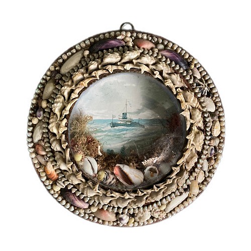 Sailor's Valentine British Circular Large Valentine Diorama with Royal Navy Ship, 1900 SOLD •