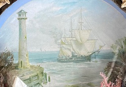 Inventory:  shellwork, Edwardian Shellwork Valentine Diorama of a Lighthouse with Ship, 1900, SOLD •