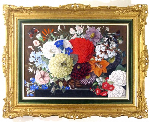 Inventory: Botanical Still Life Painting with Flowers, Snail and Bee, Early 19th century, $18,000