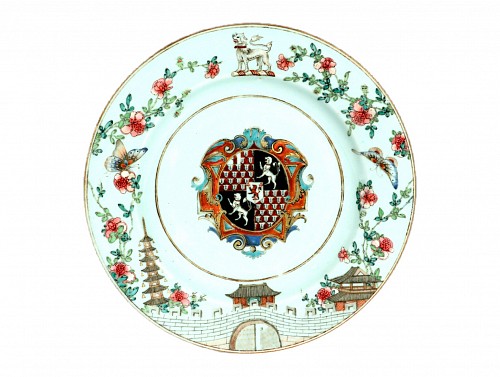 Chinese Export Porcelain Yongzheng Period Chinese Export Porcelain Armorial Plate with Arms of Gresley Quarterly with Bowyer in Pretence, 1735 $7,500