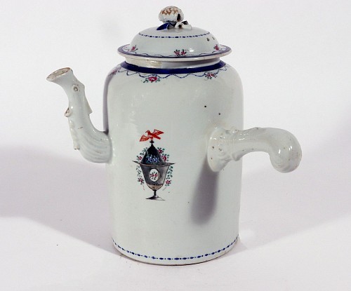Inventory:  Chinese Export Porcelain, Chinese Export Porcelain American Market Chocolate Pot and Cover, 1785-95, $2,500