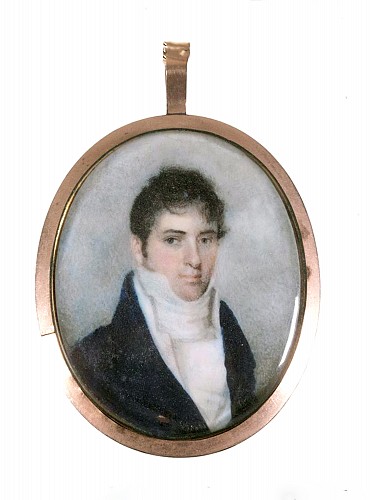 Inventory:  Portrait Miniature, Portrait Miniature of a Gentleman in high collared coat with a white shirt and cavat, Circa 1825, $1,250