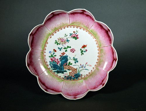 Inventory:  Chinese Export Porcelain, Chinese Export Porcelain Famille Rose Lotus Leaf Shaped Dish, 1765, $3,750