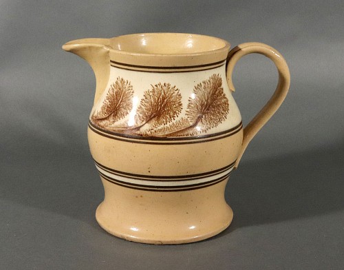 Mocha American Mocha Yellow Ware Jug with Puce Seaweed Decoration, 1860 $775