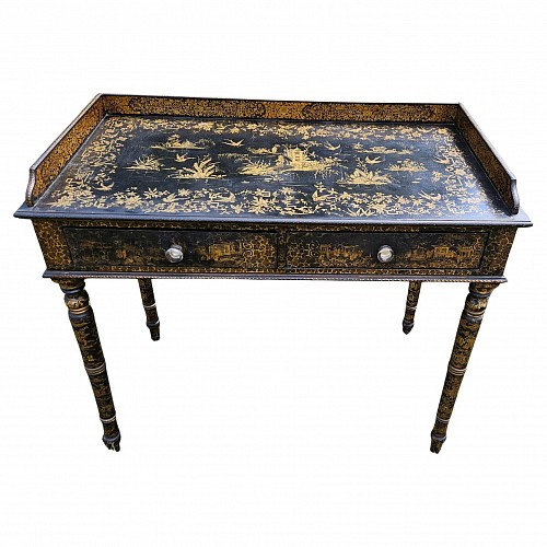 Inventory:  China Trade, Chinese Export Black Lacquered Writing Table or Desk with Gilt Landscape and Floral Decoration, Canton, Early 19th century, $7,500