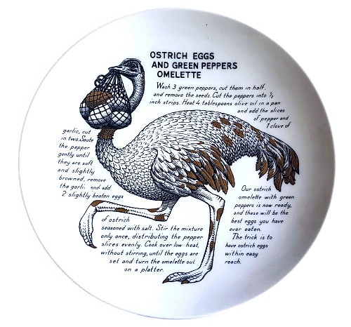 Inventory:  Piero Fornasetti, Piero Fornasetti Fleming Joffe Recipe Cook Plate- Ostrich Eggs & Green Pepper Omlette, 1960s-1974, $550