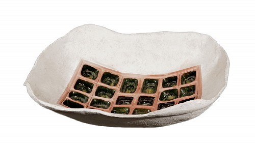 Inventory:  Mid-century Modern, American Stoneware Pottery Rectangular Bowl with Box of Chocolate Design, 1960s, $750