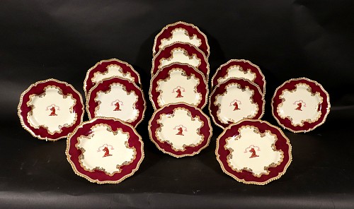 Inventory:  Flight & Barr Worcester, Flight, Barr & Barr Worcester Armorial Porcelain Claret-ground Dessert Plates- A Set of Twelve, 1813-40, $3,500