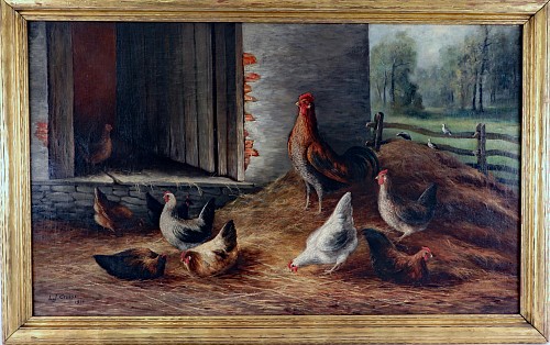 L.J. Cruise Painting of Farmyard Scene with chickens, Oil on Canvas, Signed L.J. Cruise, 1911, 1911 $11,500